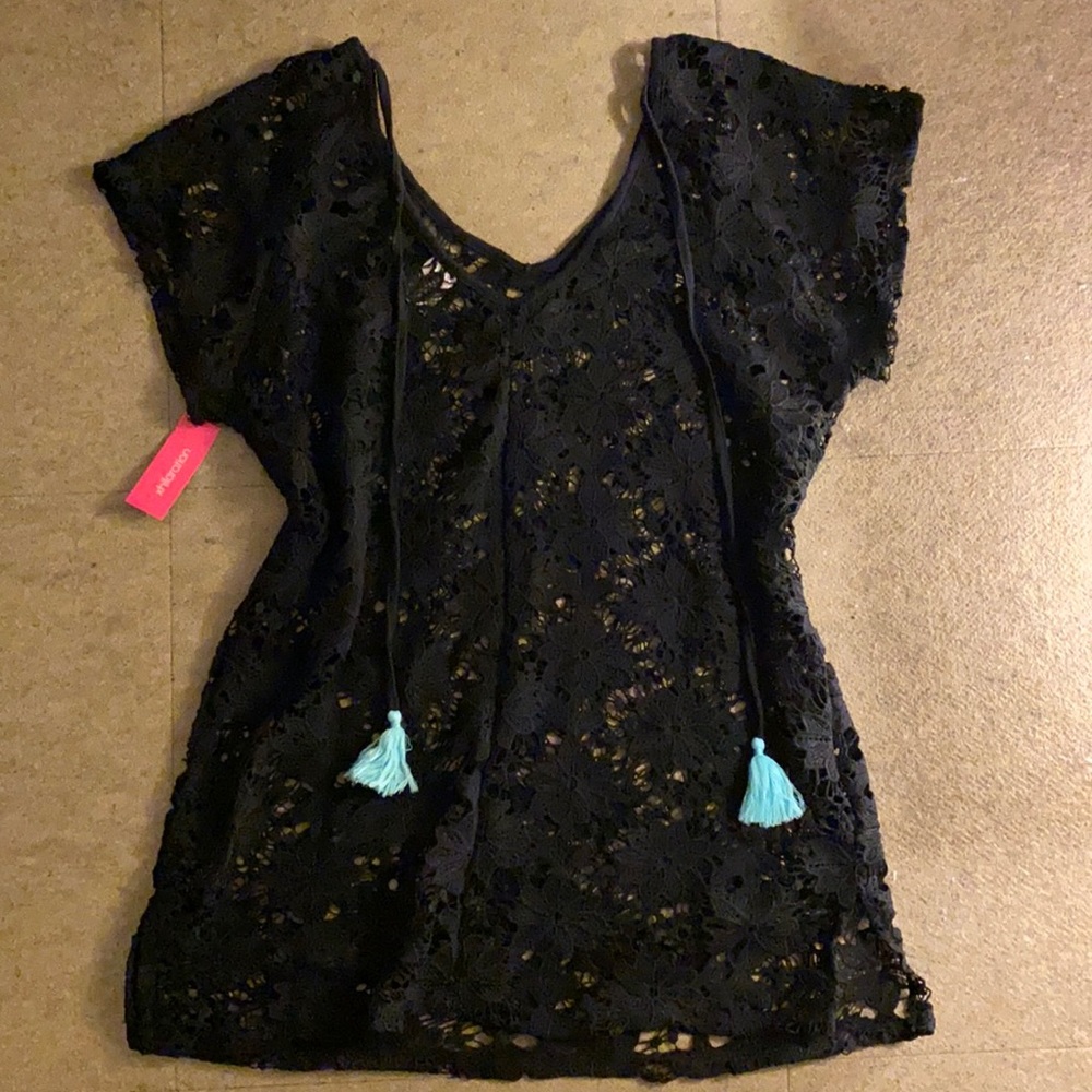 New black flower pattern mesh swim coverup